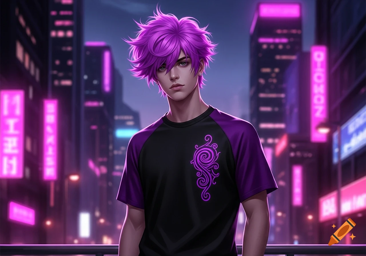 A young man with fluffy purple hair and a black shirt with purple sleeves and a spiral design stands in a neon-lit cyberpunk city at night.
