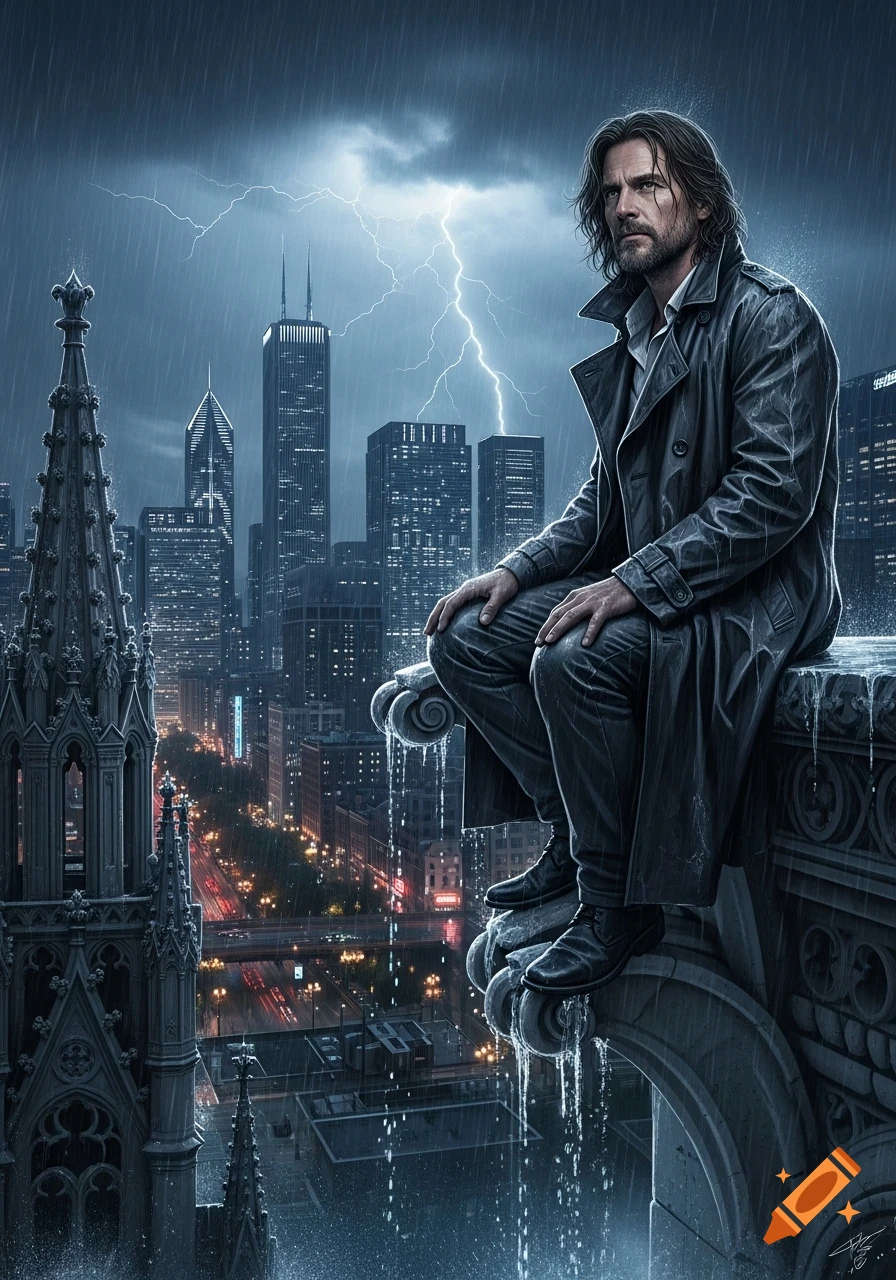A man in a trench coat perches like a gargoyle on a gothic building ledge overlooking a rainy city with lightning at night.