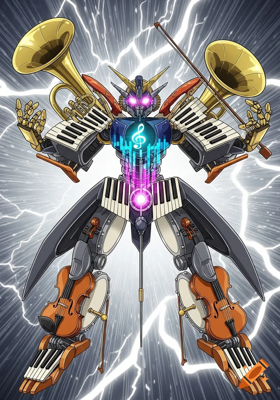 An anime-style mech robot composed of various musical instruments like trumpets, violins, and keyboards, glowing with energy against a lightning background.