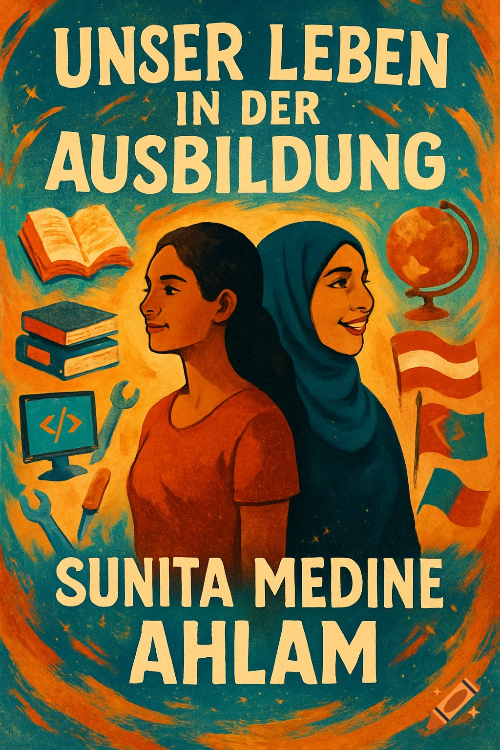 Colorful poster illustrating two women surrounded by books, computer, tools, globe, and flags, with German text about education.
