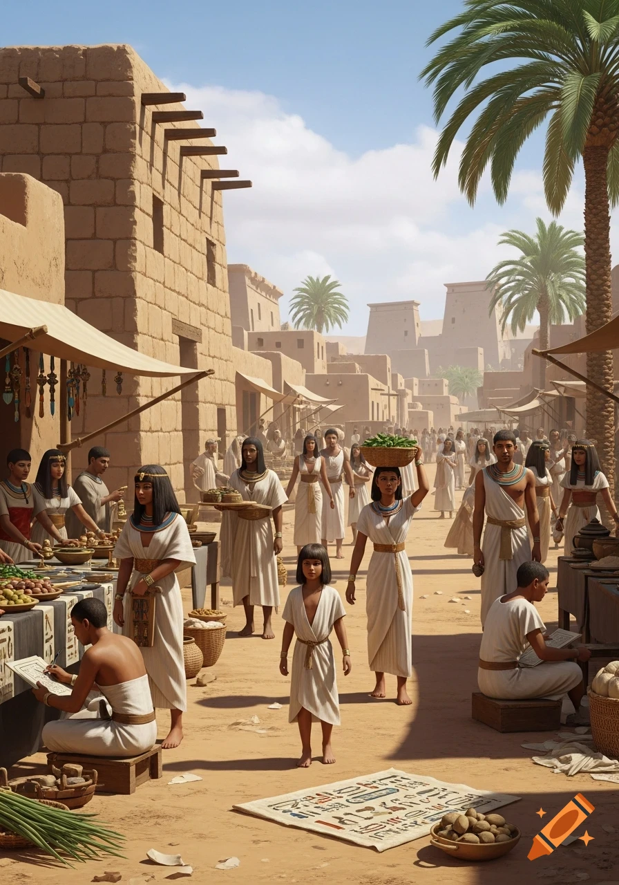 Photorealistic depiction of a bustling ancient Egyptian market street with mudbrick buildings, palm trees, and people in traditional attire trading goods and walking.
