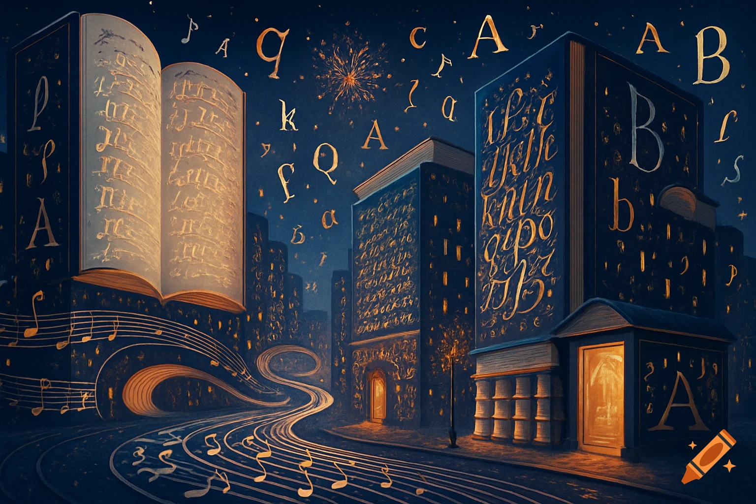 A fantastical cityscape at night, with buildings shaped like giant books adorned with golden script, and streets made of flowing music sheets. Letters and musical notes float in the dark blue sky, creating a magical atmosphere.