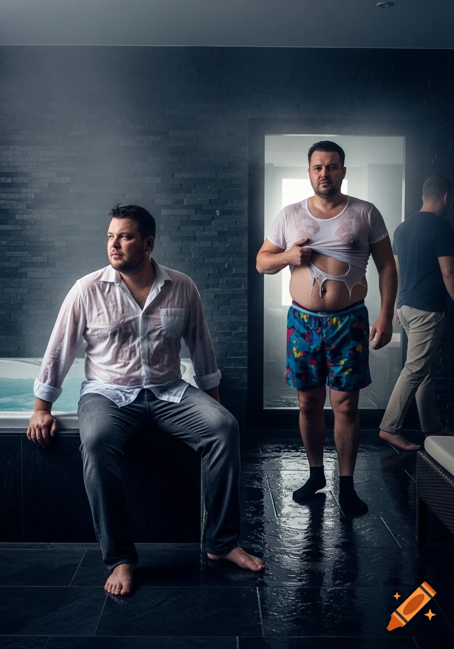 Three men in a dimly lit, steamy spa room. One sits by a hot tub in a wet shirt, another stands in torn wet t-shirt and shorts, and a third walks away.