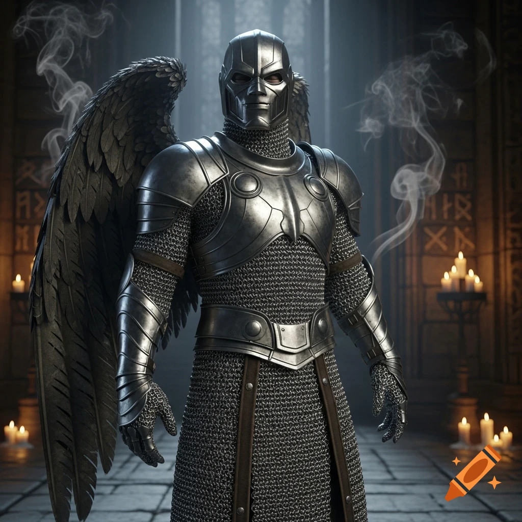 Dark armored angel with black wings and metallic mask stands in a dim, candlelit stone hall, smoke curling around.