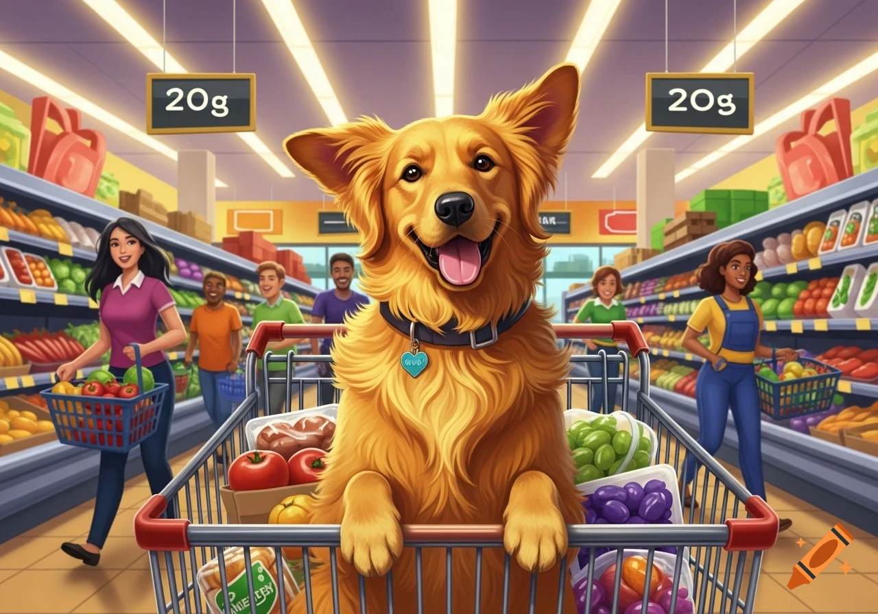 A happy golden retriever sits upright in a grocery store shopping cart, surrounded by groceries. People shop in the background in a bright, cartoonish style.