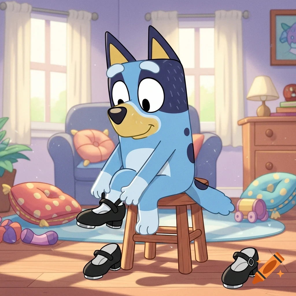 Bluey Heeler, a blue cartoon dog, sits on a wooden stool, buckling black Mary Jane tap shoes in a sunny room filled with toys.