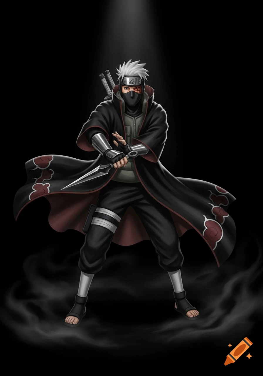 Anime ninja Kakashi Hatake in a black Akatsuki-style cloak, mask, and headband, holding a kunai against a black background.