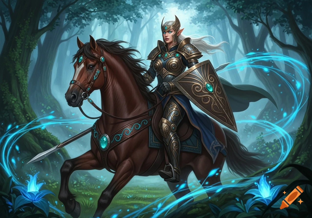 A regal elf warrior in ornate armor rides a horse through a mystical forest, surrounded by glowing blue energy.