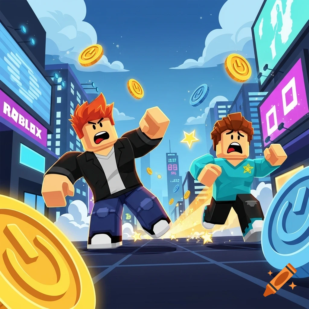 Two Roblox-style characters, one with red hair and a black jacket, the other with brown hair and a teal shirt, run through a stylized city street with coins flying around them.