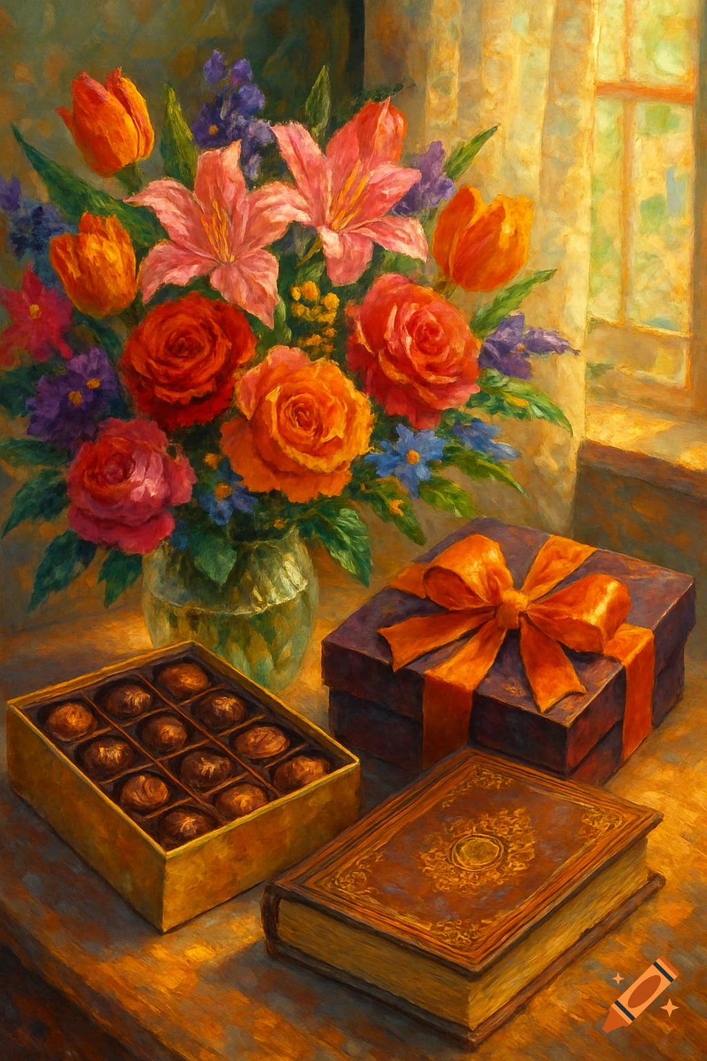 A vibrant impressionistic still life painting of a bouquet of flowers, an open box of chocolates, a wrapped gift, and an ornate book on a sunlit table.