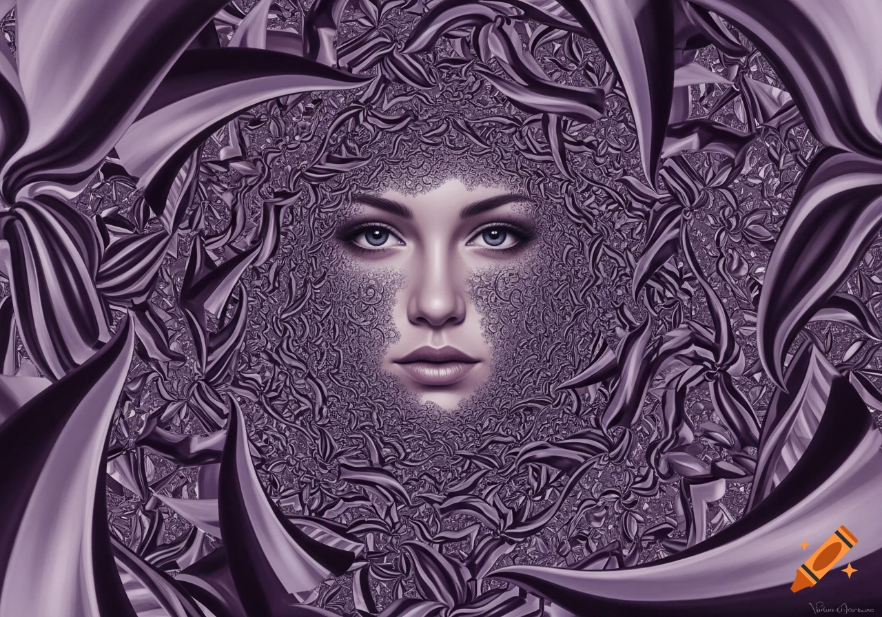 Woman's face with blue eyes framed by intricate, swirling purple and grey fractal patterns in a psychedelic art style.