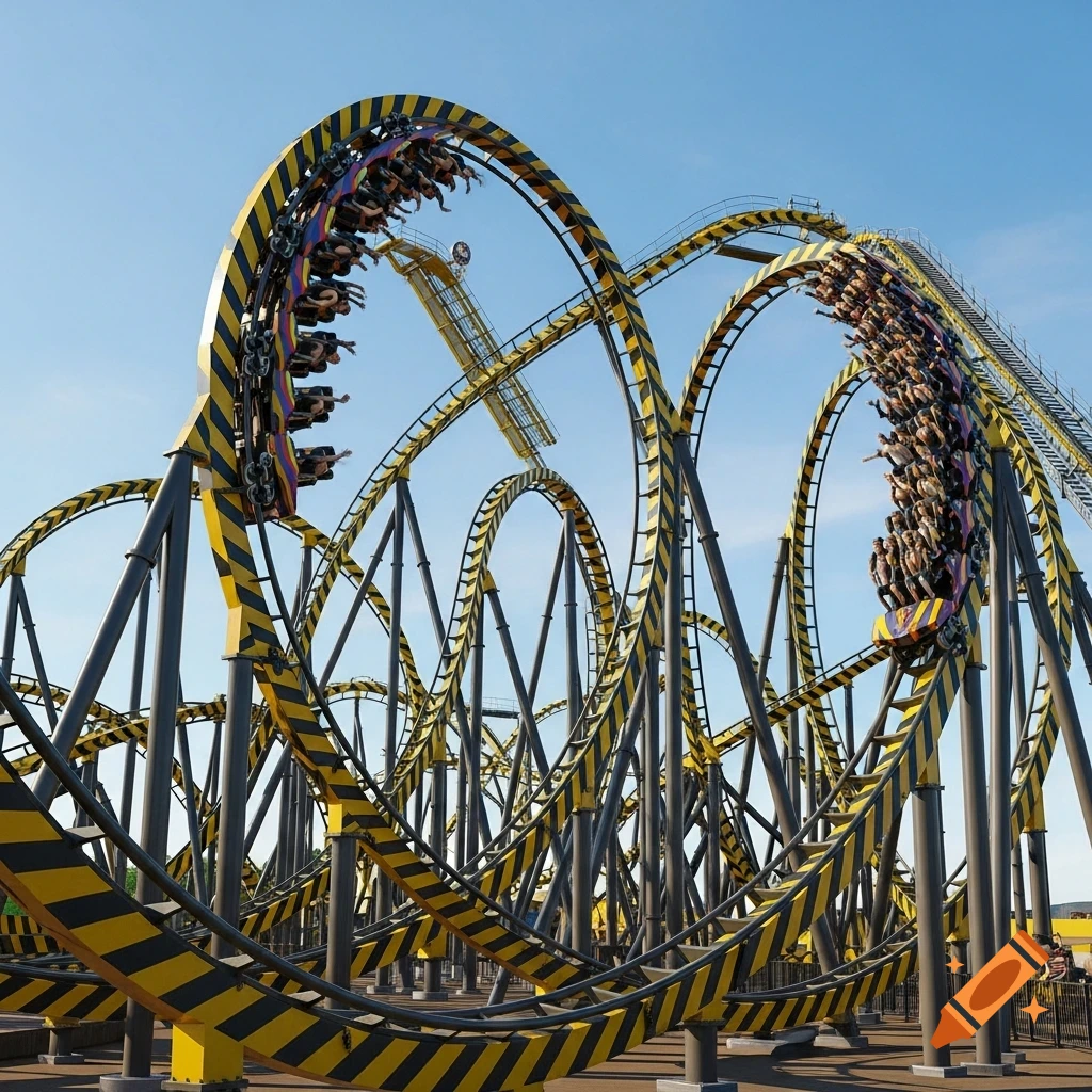 A photorealistic image of a yellow and black striped roller coaster with multiple loops and twists, full of riders under a clear blue sky.