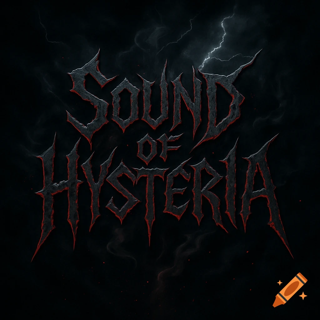 Dark, textured, spiky logo for "SOUND OF HYSTERIA" with red edges, set against a stormy sky with lightning.
