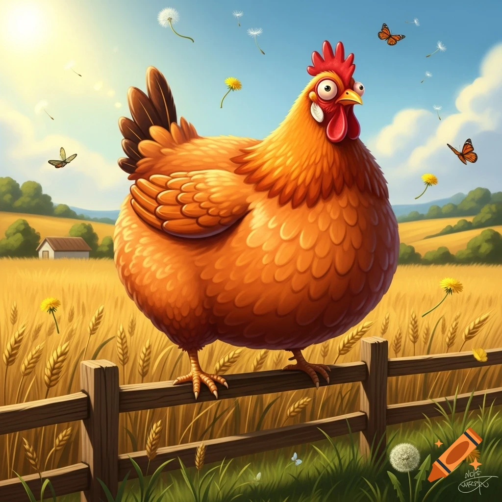 A comically swollen cartoon chicken with wide eyes stands on a wooden fence in a sunny wheat field with dandelions and butterflies.