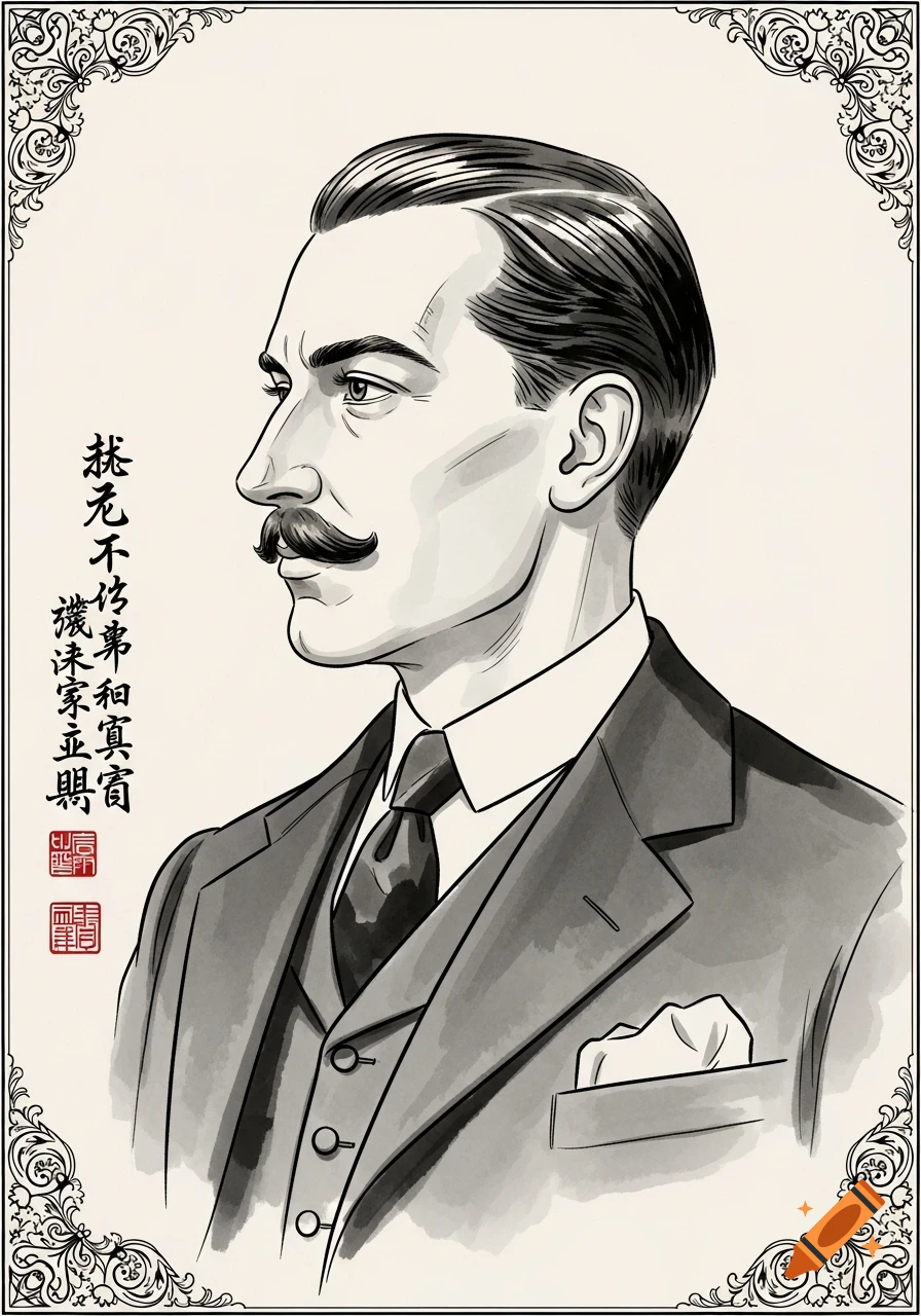 Ink drawing of a man in profile, wearing a suit and mustache, with decorative borders and vertical Chinese script.