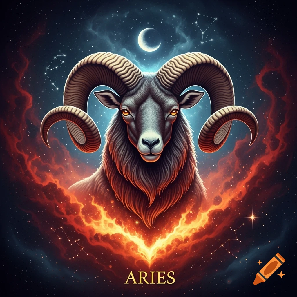 A majestic ram, representing the Aries zodiac sign, set against a cosmic backdrop of stars, nebulae, fiery clouds, and a crescent moon, with 'ARIES' text.