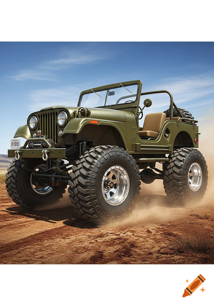 An army green modified Jeep with large tires drives on a dirt road, kicking up dust under a blue sky.