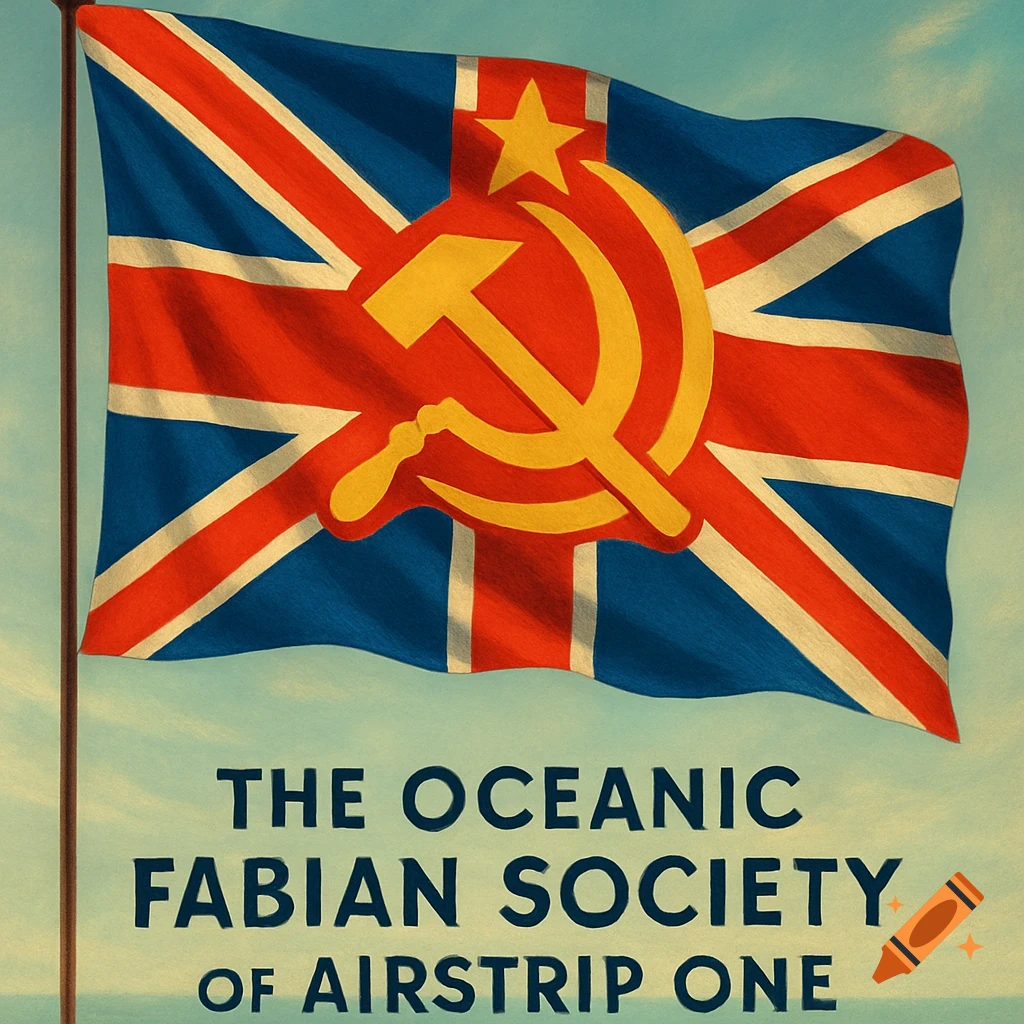 A flag combining the Union Jack and the Soviet hammer and sickle with a star, above text reading 'The Oceanic Fabian Society of AirStrip One'.