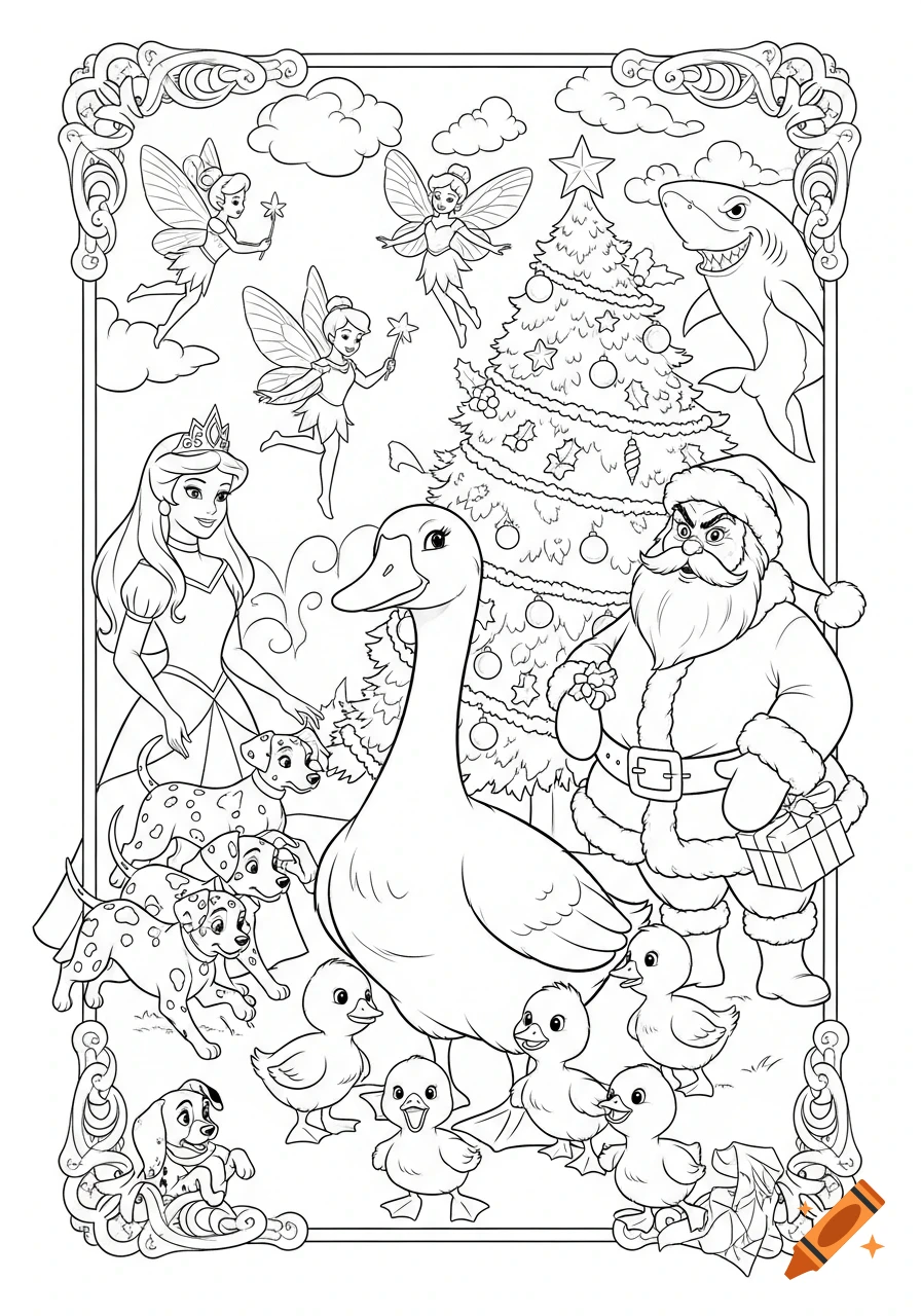 Black-and-white line art coloring page featuring Santa, a princess, fairies, a goose with ducklings, Dalmatian puppies, a shark, and a Christmas tree.