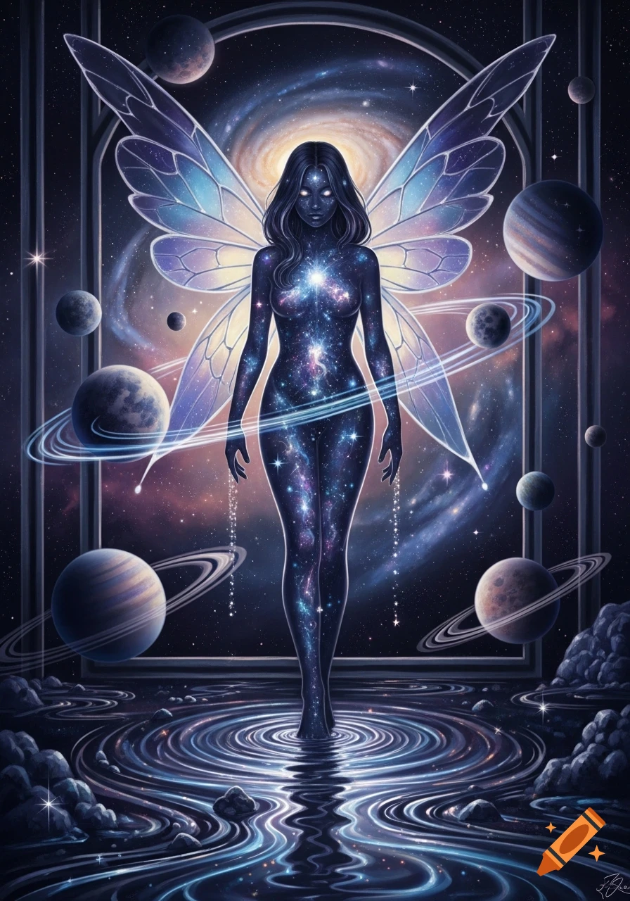 A cosmic fairy with glowing eyes and butterfly wings made of galaxies, standing in a reflective pool surrounded by planets and stars.