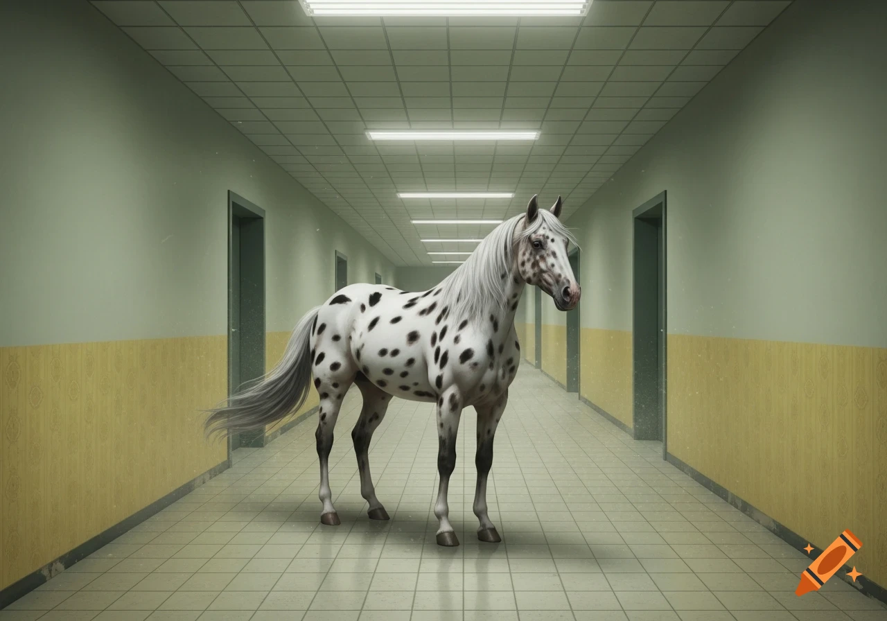 A photorealistic spotted Appaloosa horse stands in a long, empty, brightly lit hallway.