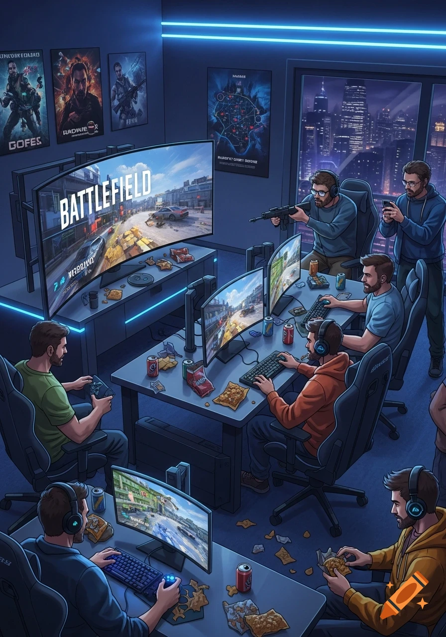An overhead illustration of a group of men playing video games in a dimly lit room with neon blue accents. Large monitors display 'BATTLEFIELD' game scenes, while snacks and drinks are scattered around tables. One man holds a rifle, another checks his phone, and others are focused on their screens, some eating snacks. Posters adorn the walls, and a cityscape is visible through a large window.