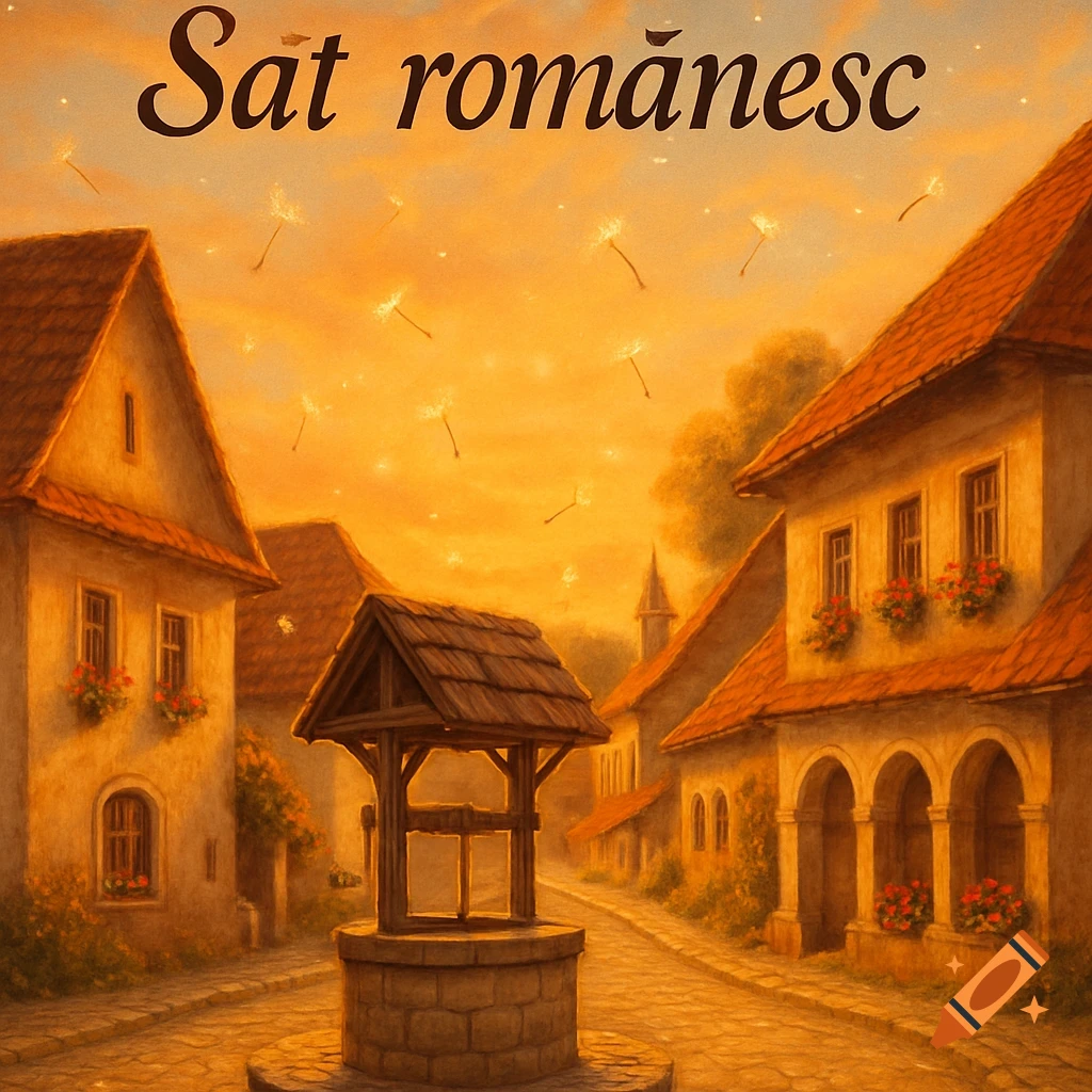 Painterly illustration of a Romanian village street with traditional houses, a well, and glowing seeds in an orange sky, with 'Sat românesc' text.