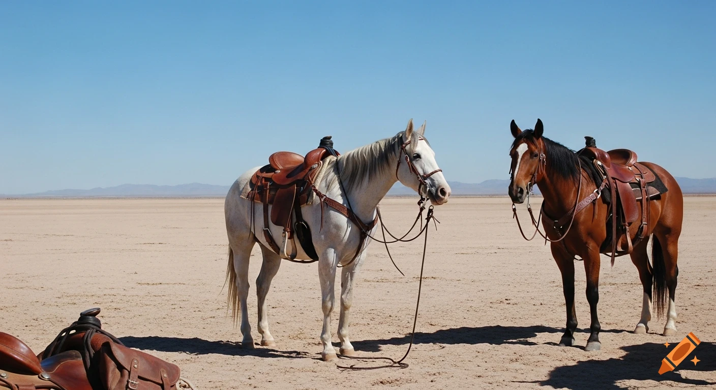 Two saddled horses, one white and one brown, stand on a sandy desert plain with distant mountains under a clear blue sky.