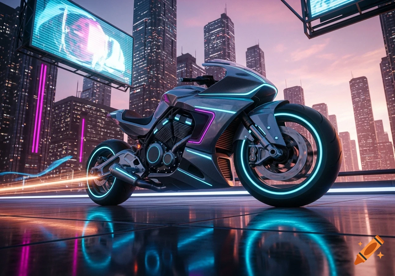 A sleek, futuristic sci-fi motorcycle with neon lights parked on a reflective surface in a city at sunset.