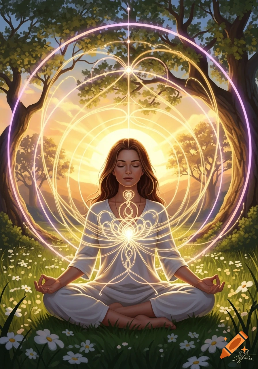A woman meditates cross-legged in a grassy meadow at sunset, glowing energy lines radiating from her body. Stylized art.