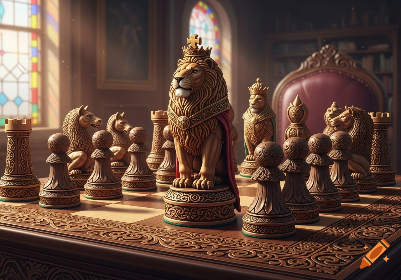 An ornate chess set with lion-themed pieces on a richly carved wooden board, set in a lavish room with stained glass windows.