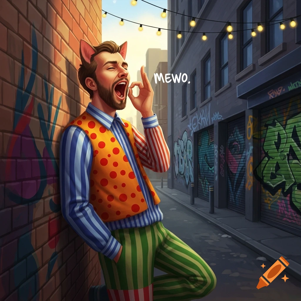 Cartoon man with cat ears, a beard, and colorful striped and polka dot clothes shouts "MEWO." in a graffiti-filled alley.