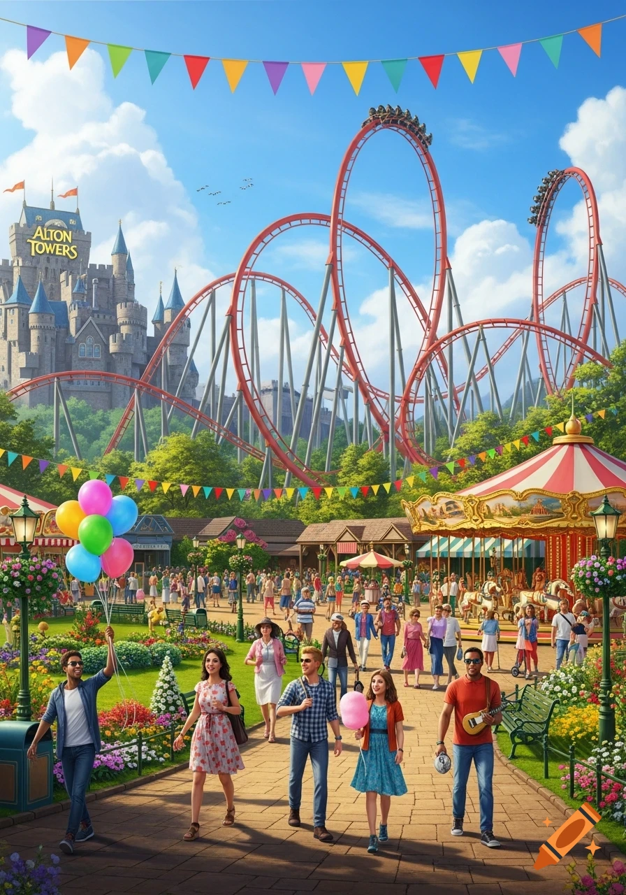 Vibrant photorealistic image of Alton Towers theme park with a large castle, towering red roller coasters, a carousel, and crowds of people.