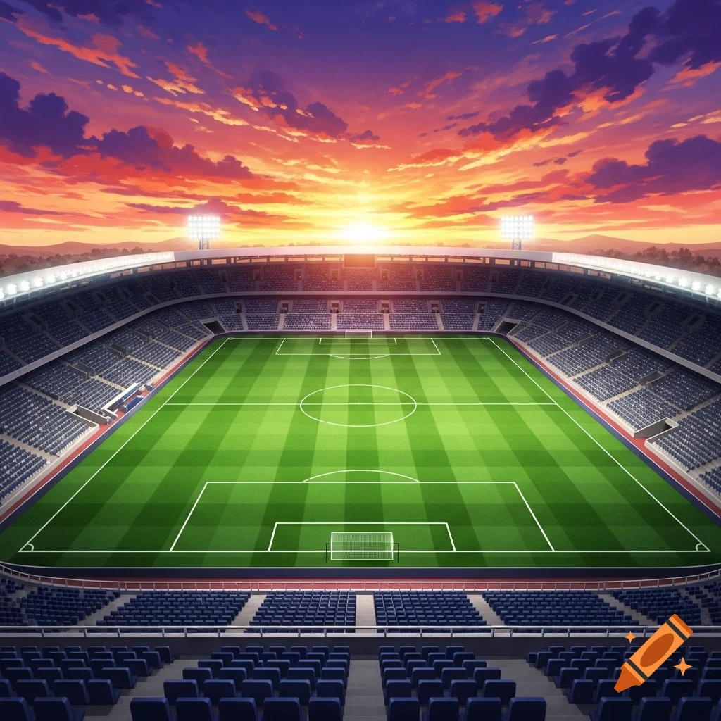 Anime-style soccer stadium with a vibrant green field under a dramatic sunset sky.