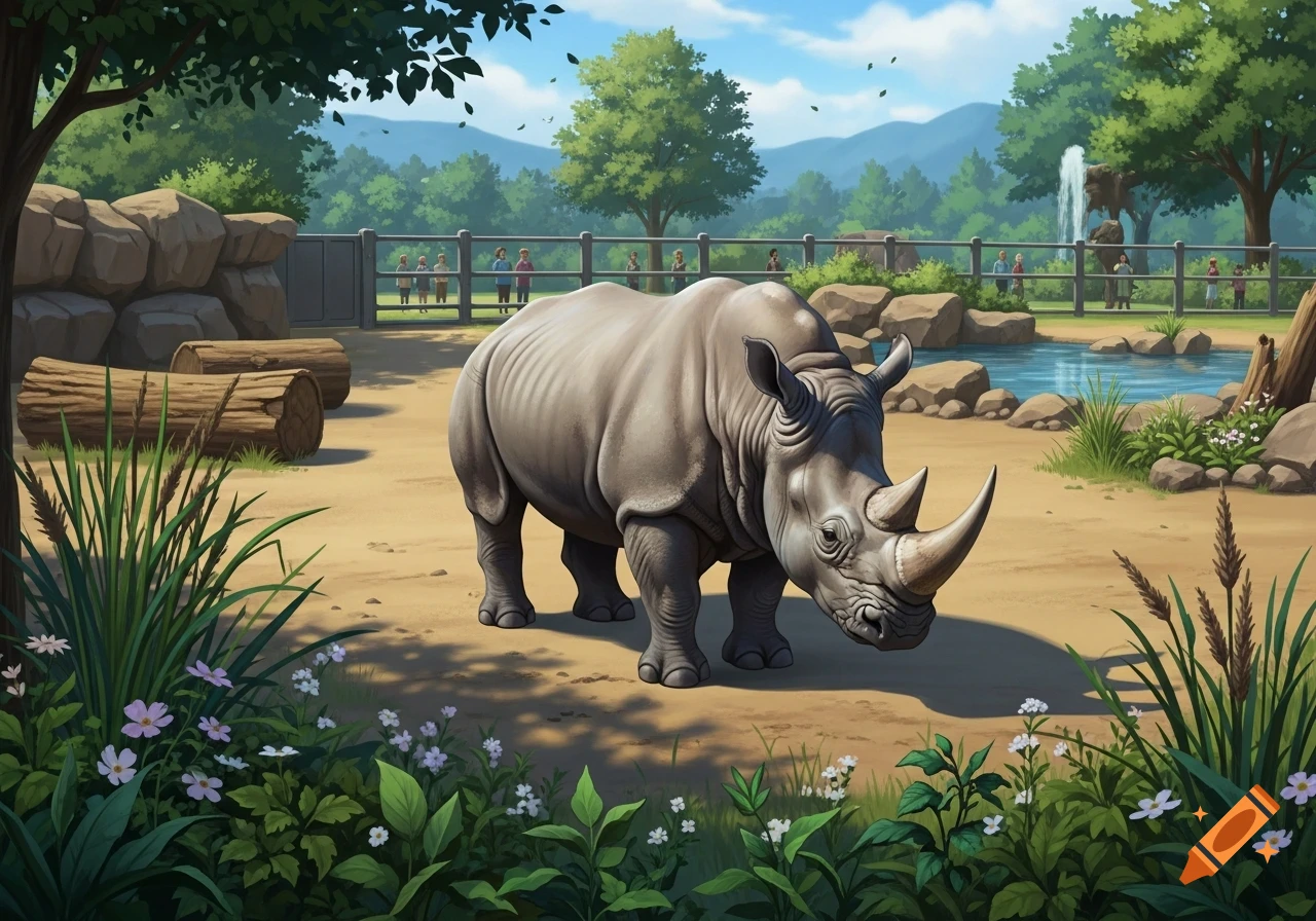 An illustration of a rhinoceros standing in a zoo enclosure with trees, rocks, a pond, and people in the background.