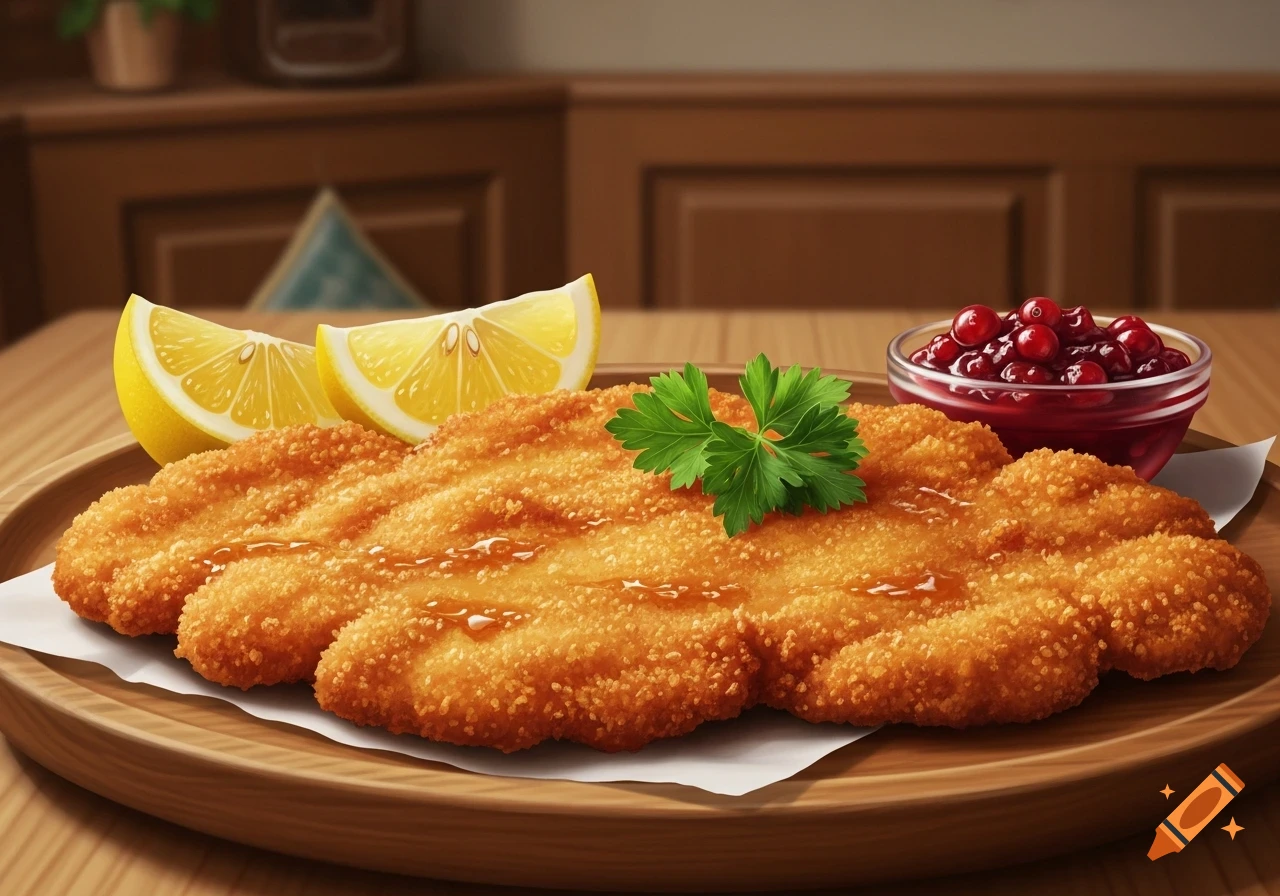 A photorealistic image of a golden-brown schnitzel garnished with lemon wedges, parsley, and served with cranberry sauce on a wooden plate.