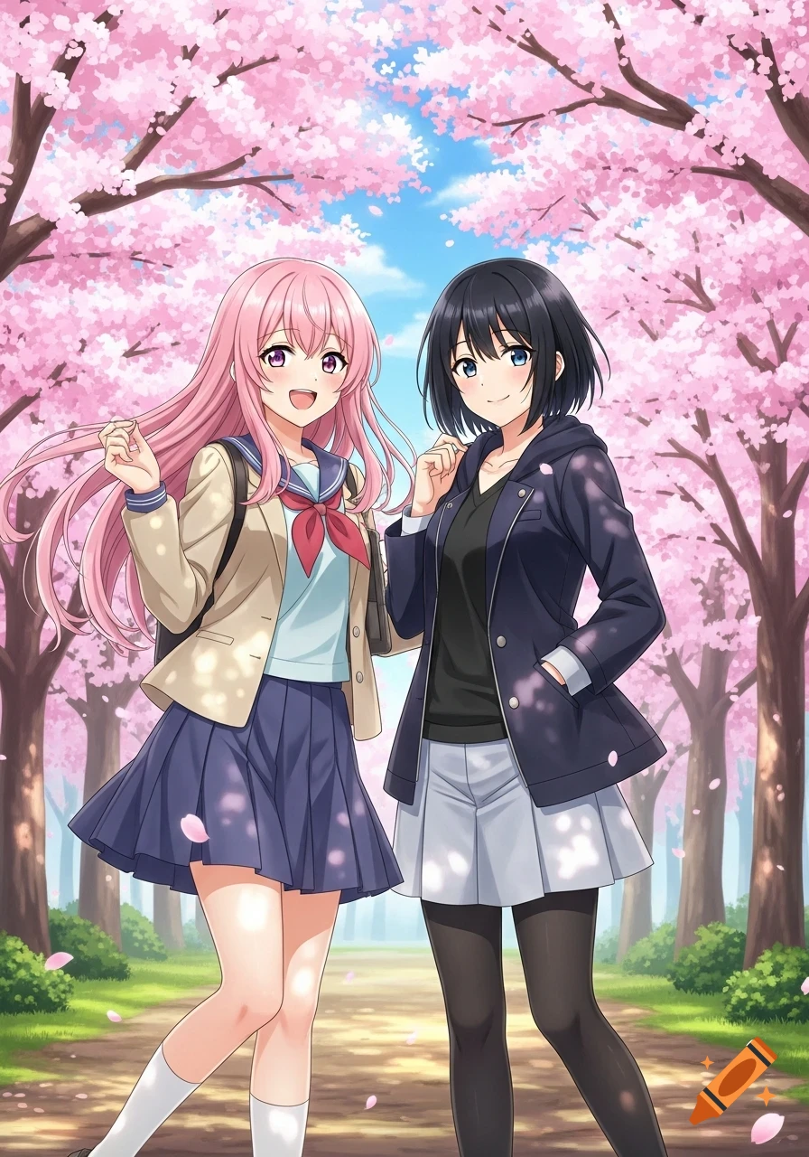 Two smiling anime girls in school uniforms stand together under blooming pink cherry blossom trees in a park.