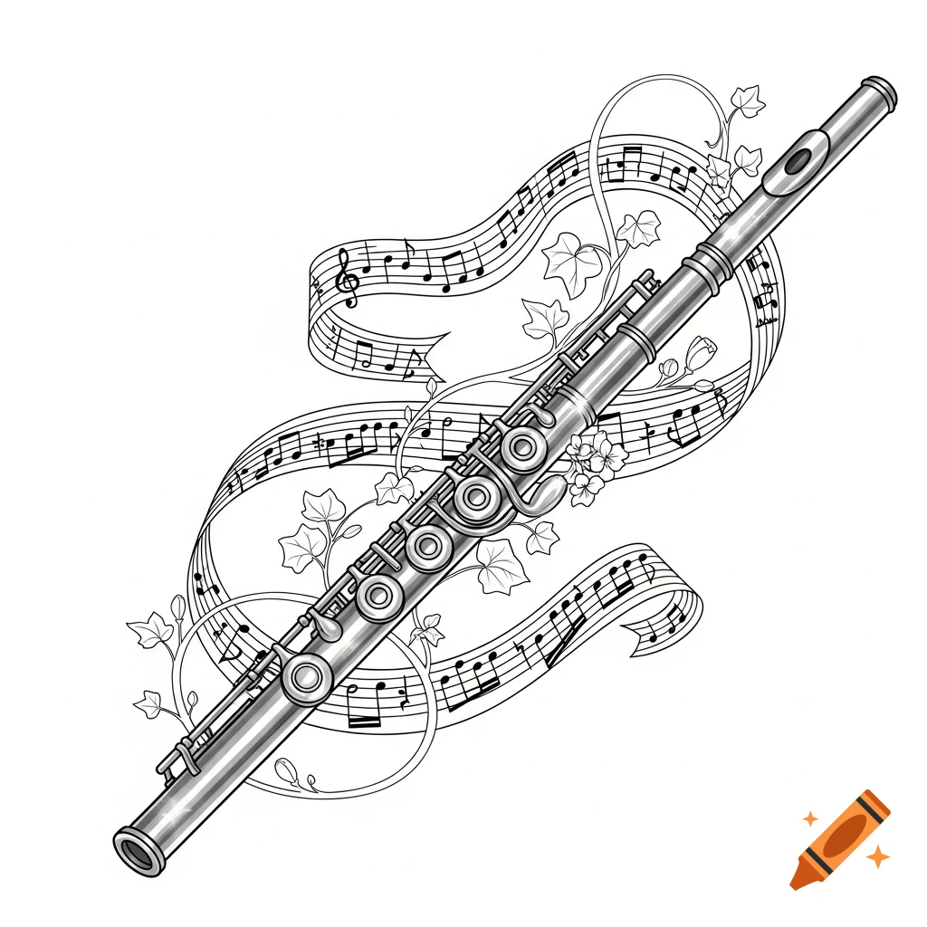 A detailed black and white line art illustration of a flute with musical notes and ivy vines entwined around it.