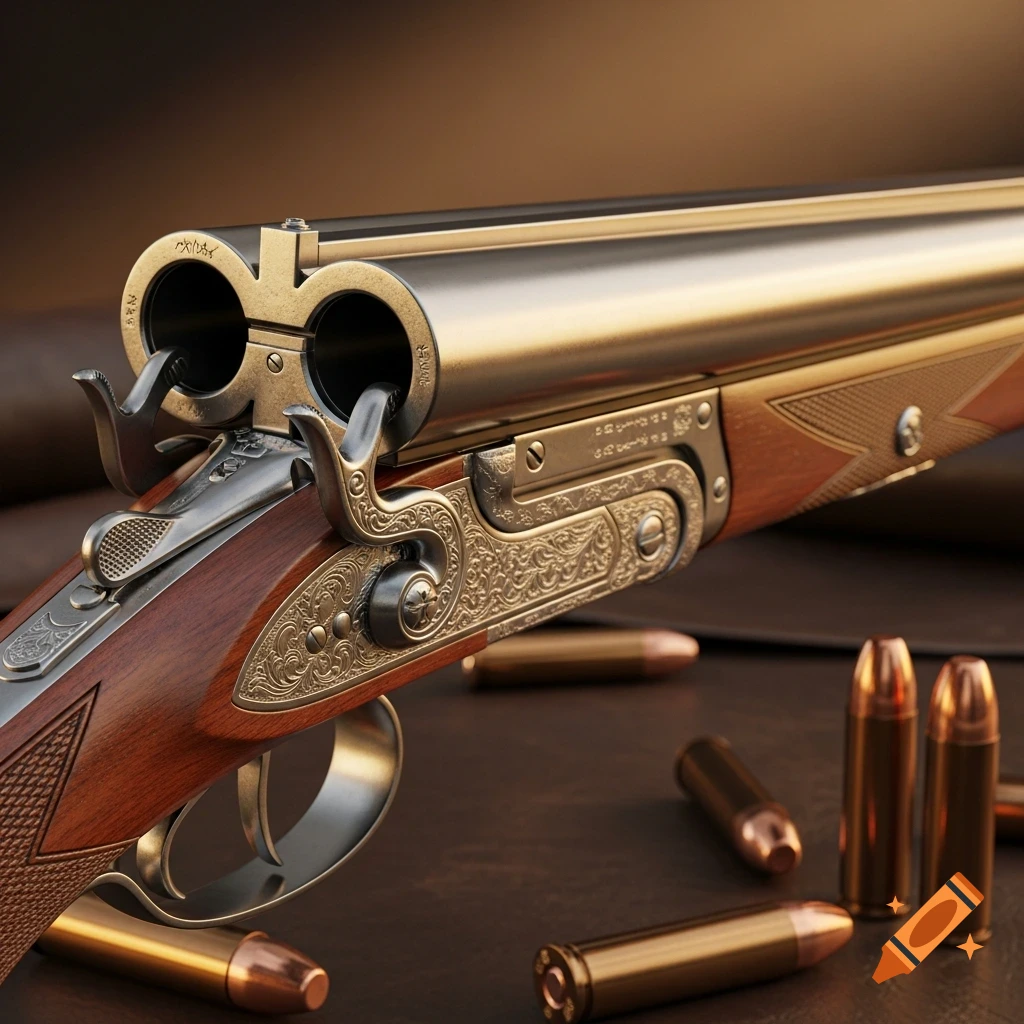 A close-up, photorealistic view of a highly detailed, ornate double-barrel shotgun with several bullets scattered on a dark surface.