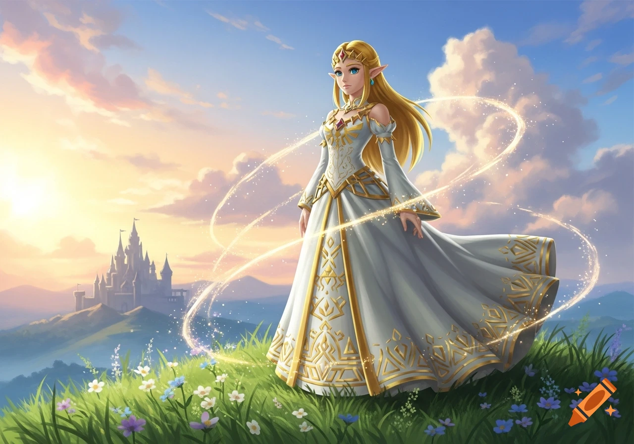 Princess Zelda in a white and gold dress stands on a grassy hill overlooking a castle at sunset, digital painting.
