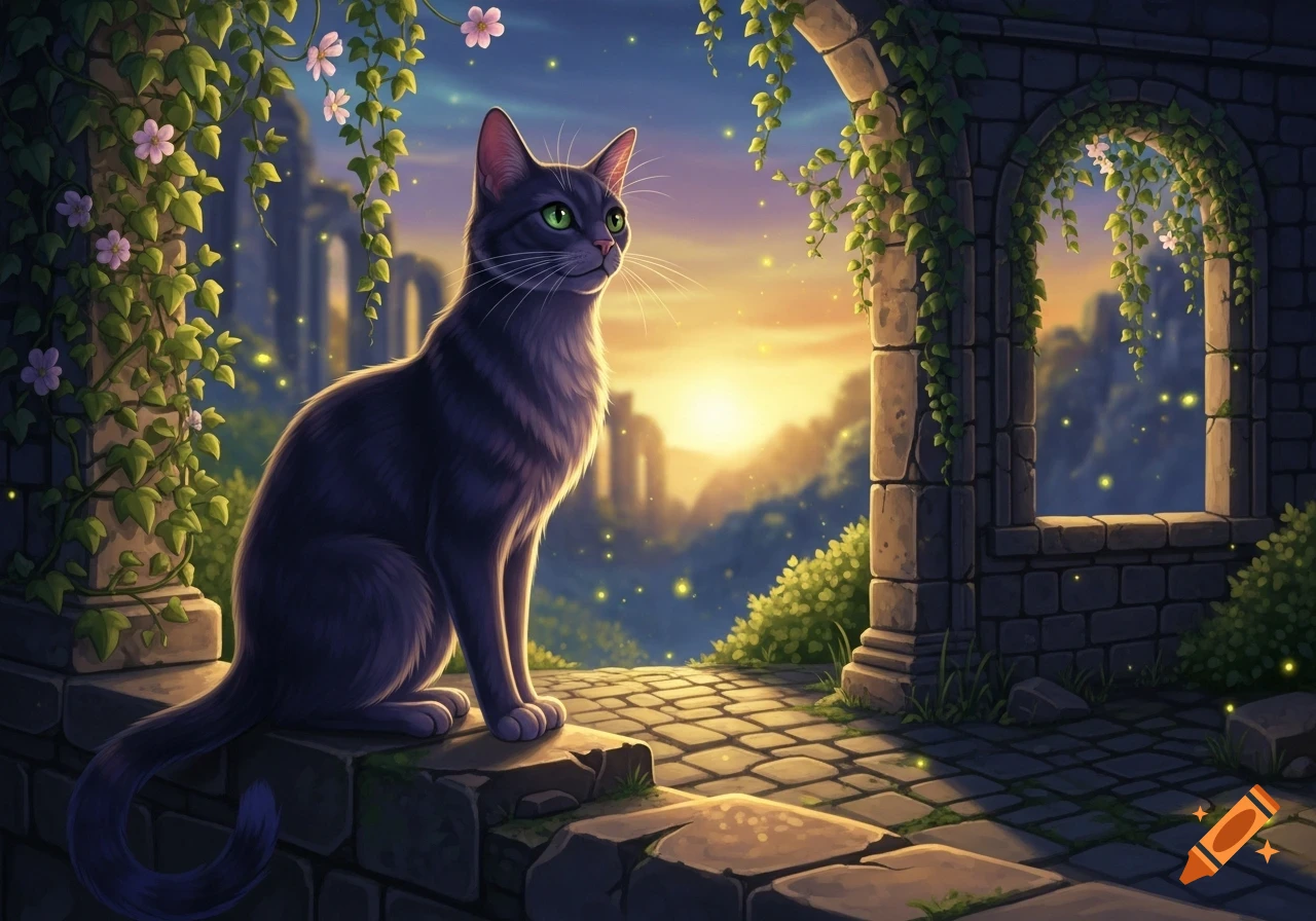 A gray striped cat sits on a stone wall overlooking ancient ruins at sunset, with vines, pink flowers, and glowing specks.