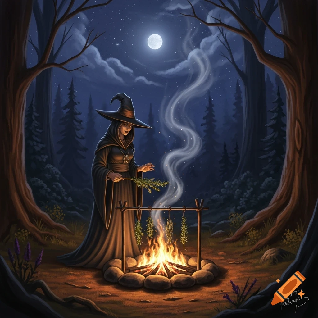 A witch in a dark forest at night roasts herbs over a campfire under a full moon, depicted in a painterly fantasy style.