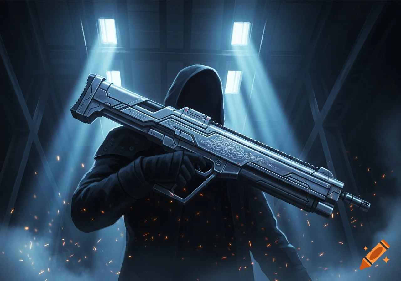 A dark, hooded figure stands in a smoky, neon-lit environment, holding a large, futuristic, elaborately designed sci-fi rifle.