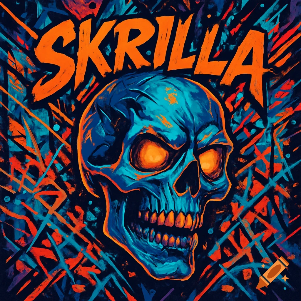 Vibrant graphic art features a blue skull with glowing orange eyes and teeth, set against a chaotic backdrop of orange and blue lines. 'SKRILLA' text is above.
