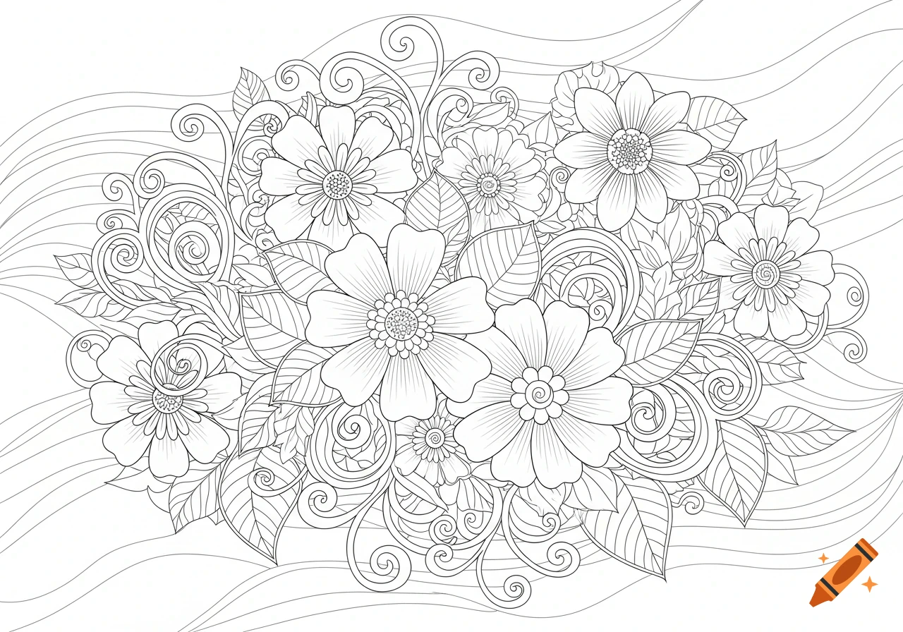 Black and white line art drawing of a dense bouquet of flowers and leaves with swirling patterns, for a coloring book.