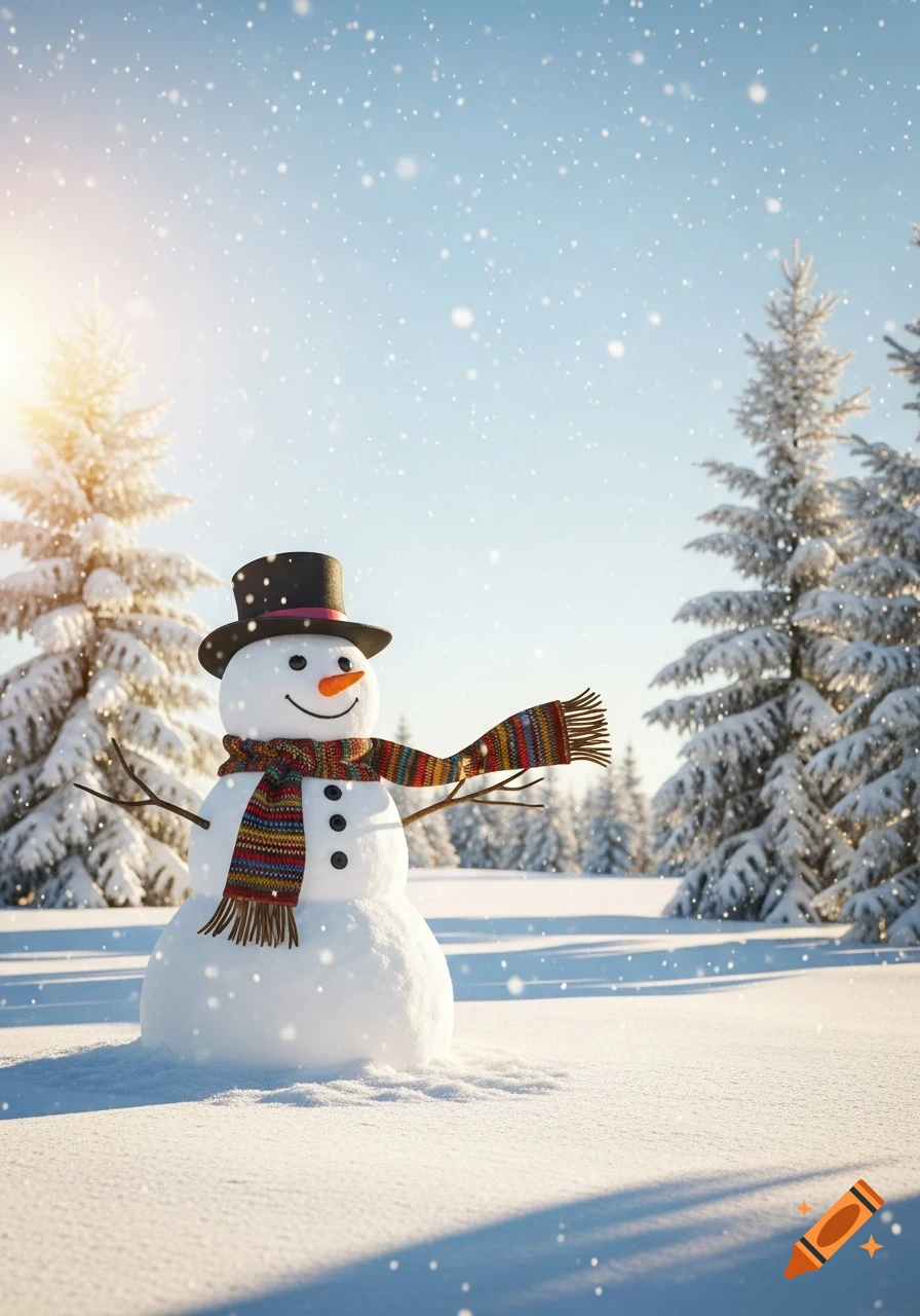 A cheerful snowman with a carrot nose, top hat, and colorful scarf stands in a snowy forest with pine trees and falling snow under a sunny blue sky.