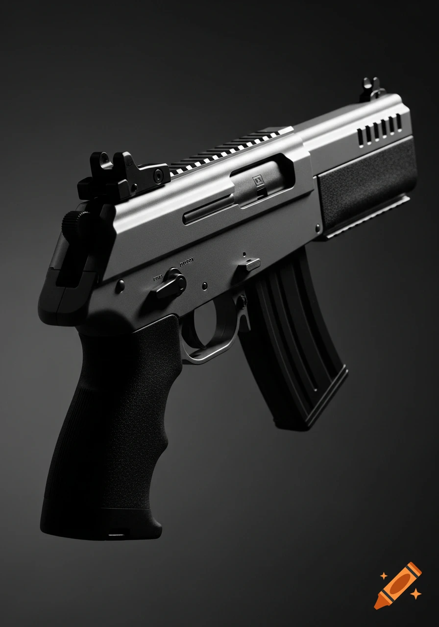 Realistic silver and black firearm with a textured grip and magazine, on a dark background.