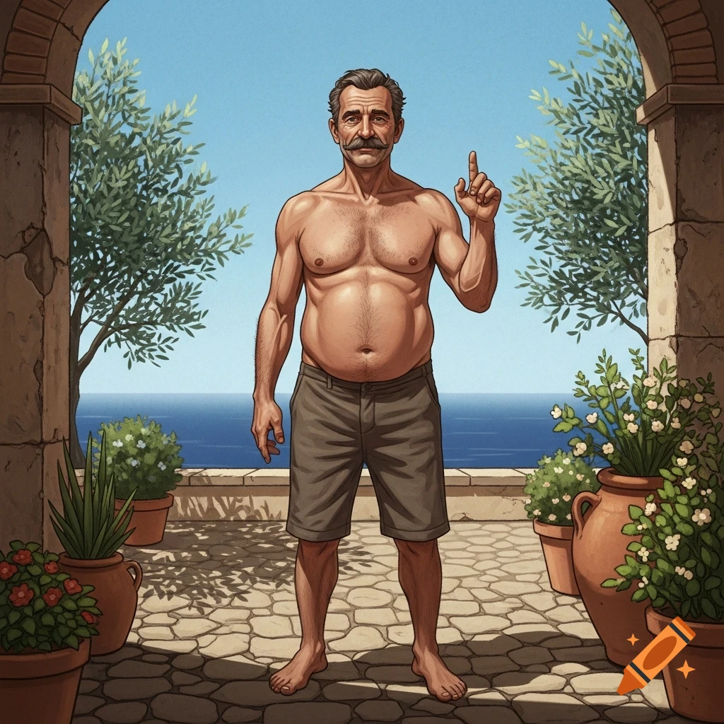 An illustration of a shirtless man with a mustache and dad bod standing in a Mediterranean-style archway by the sea, pointing upwards.