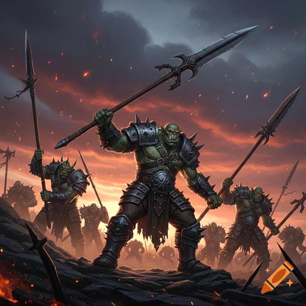 A group of armored orcs with pikes stands on rocky terrain under a fiery, dark sky, ready for battle.