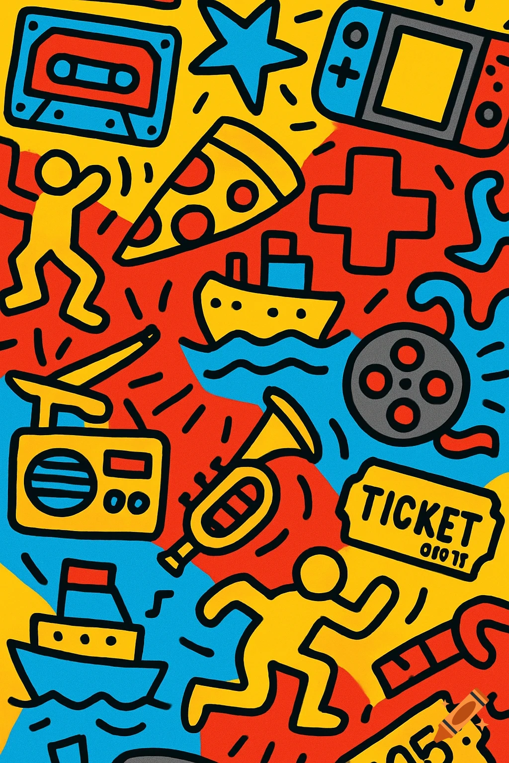 A colorful background pattern in Keith Haring style with simple outline drawings of everyday objects like a cassette tape, pizza, ship, radio, and ticket.